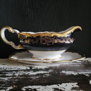Vtg Weimar Katharina Cobalt Blue and Gold Gravy Boat With Attached Underplate